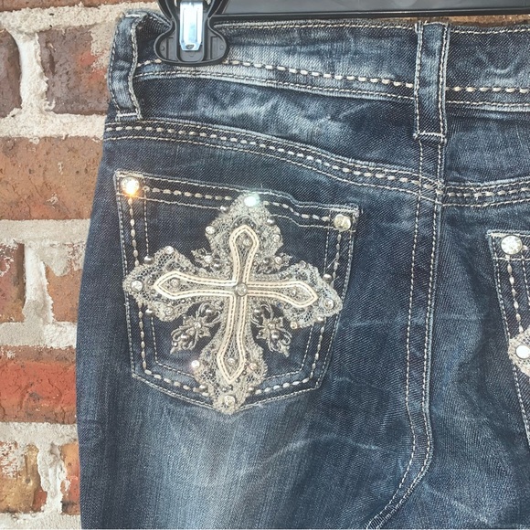 Grace in LA Boot Cut Dark Wash Jeans with Rhinestone Cross on Back Pocket - Picture 13 of 13